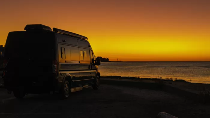 rv on trip during sunset